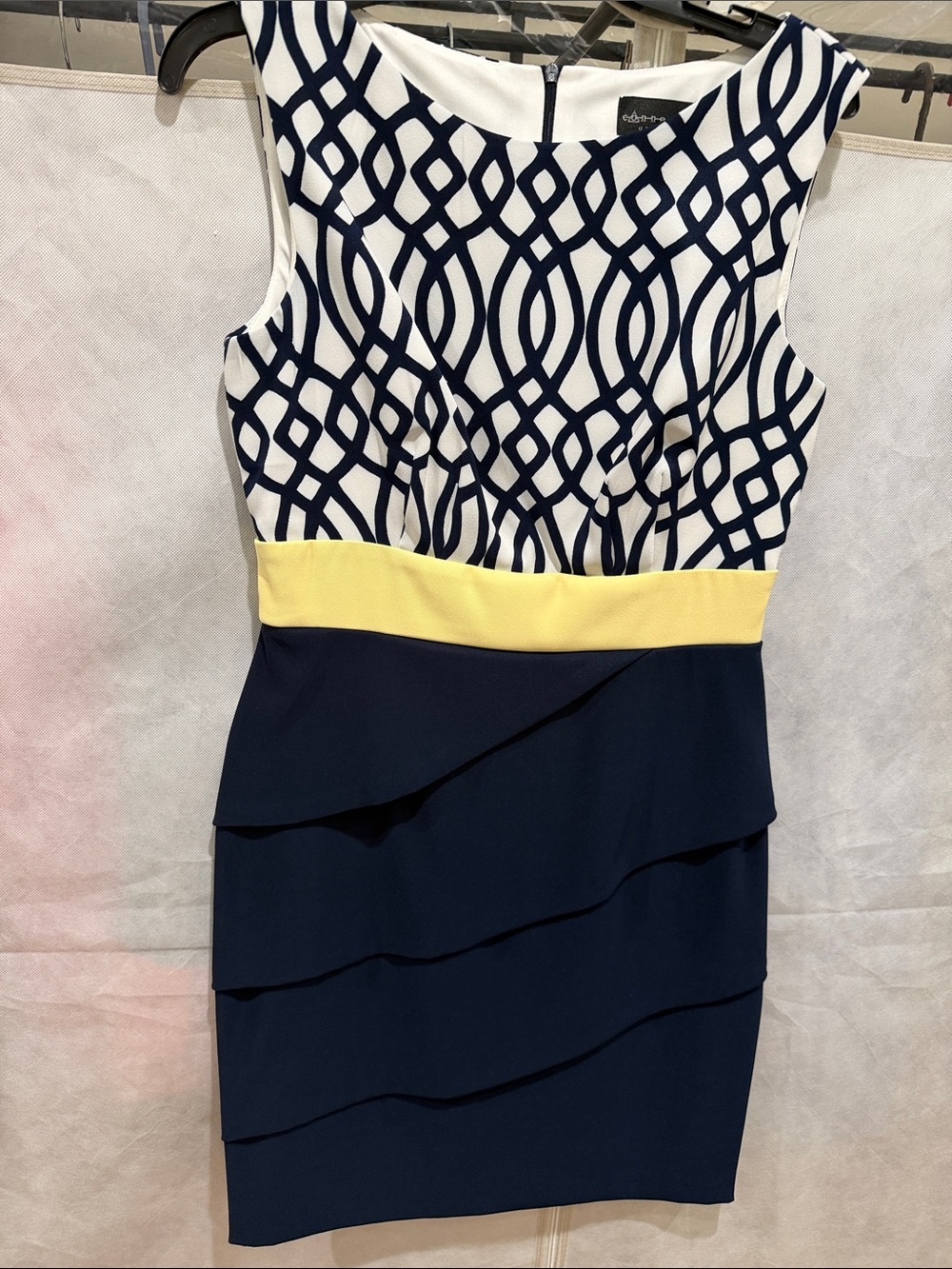 Connected Apparel Navy, White & Yellow Sleeveless Sheath Dress